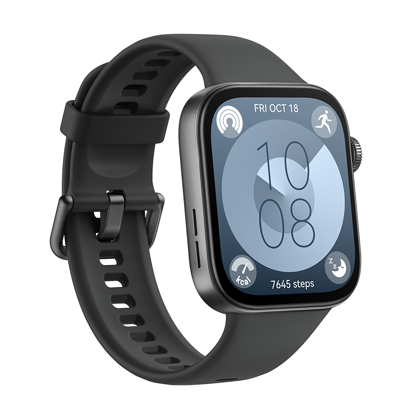 Eine schwarze Smartwatch mit quadratischem Display. Sie zeigt Zeit, Datum, Schritte und Kalorien.