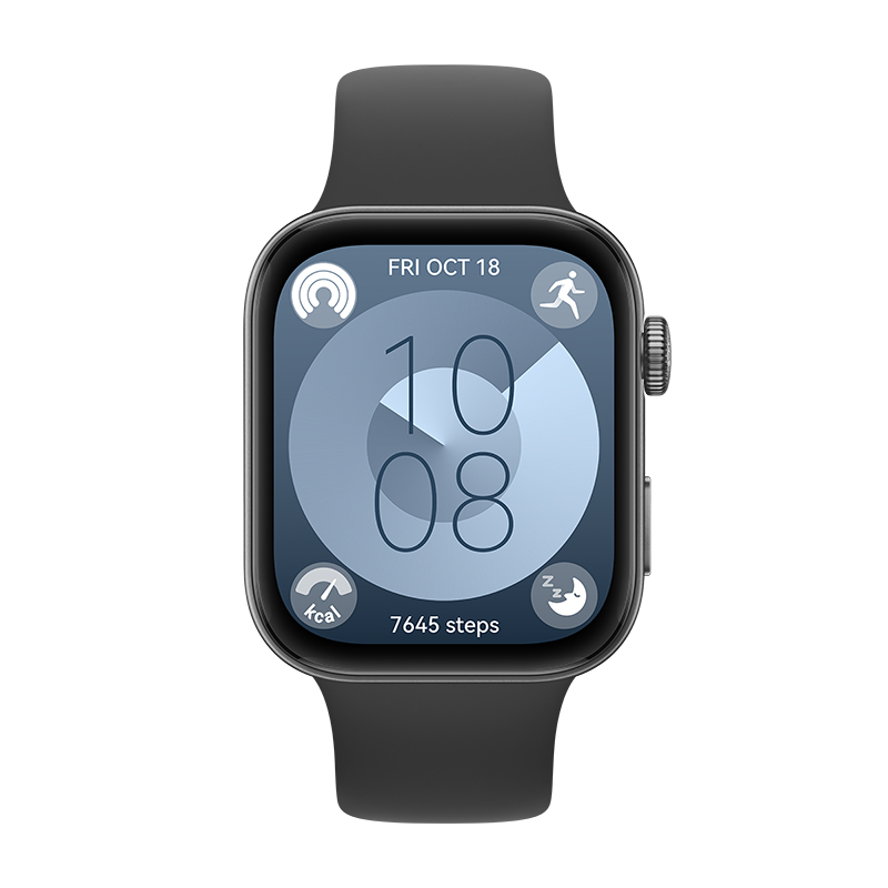 Drei Smartwatches mit unterschiedlich farbigen Armbändern: Dunkelgrau, Orange und Weiß. Jede hat ein schwarzes Zifferblatt.
