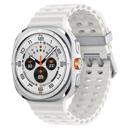 Reloj inteligente blanco y plateado con correa blanca mostrando estadísticas.