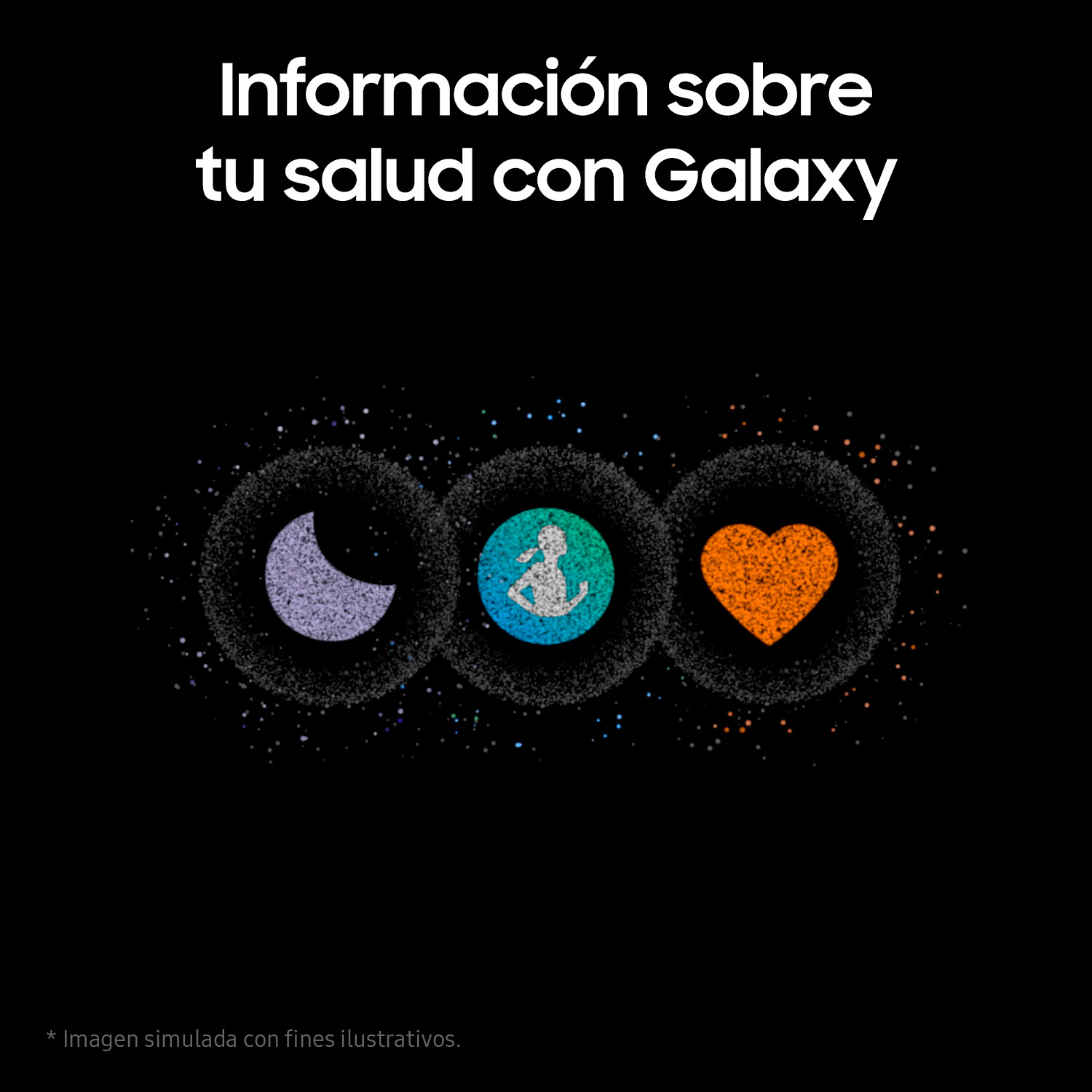 Fondo negro con tres círculos coloridos: luna, persona y corazón, representan salud con Galaxy.