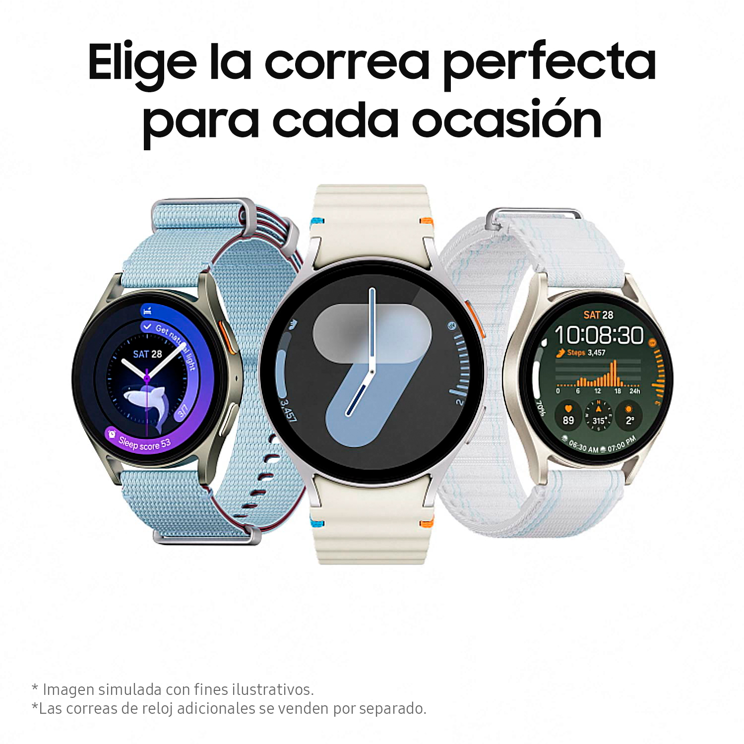 Tres smartwatches con diferentes correas. Texto: 'Elige la correa perfecta para cada ocasión'.