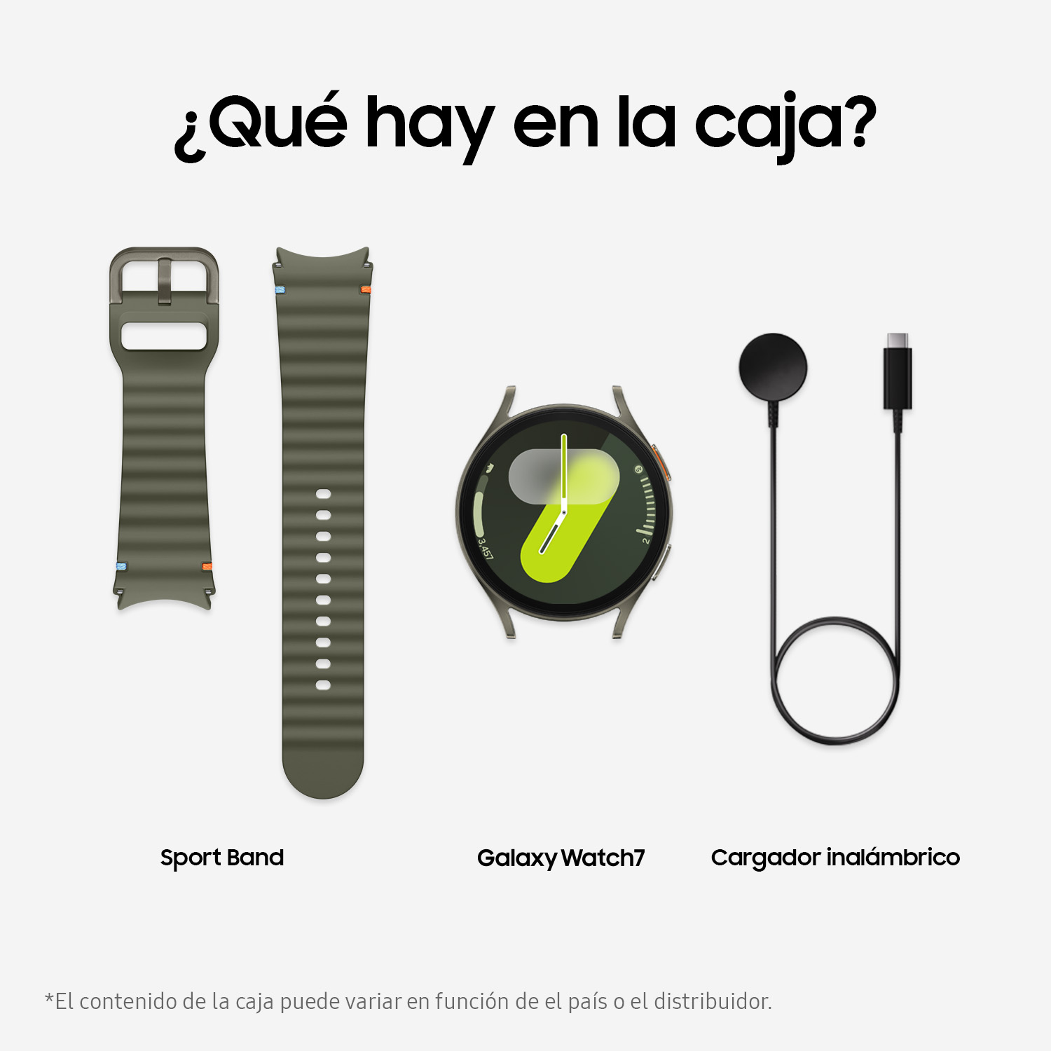 Contenido de la caja: correa deportiva, Galaxy Watch7 y cargador inalámbrico. Texto: ¿Qué hay en la caja?