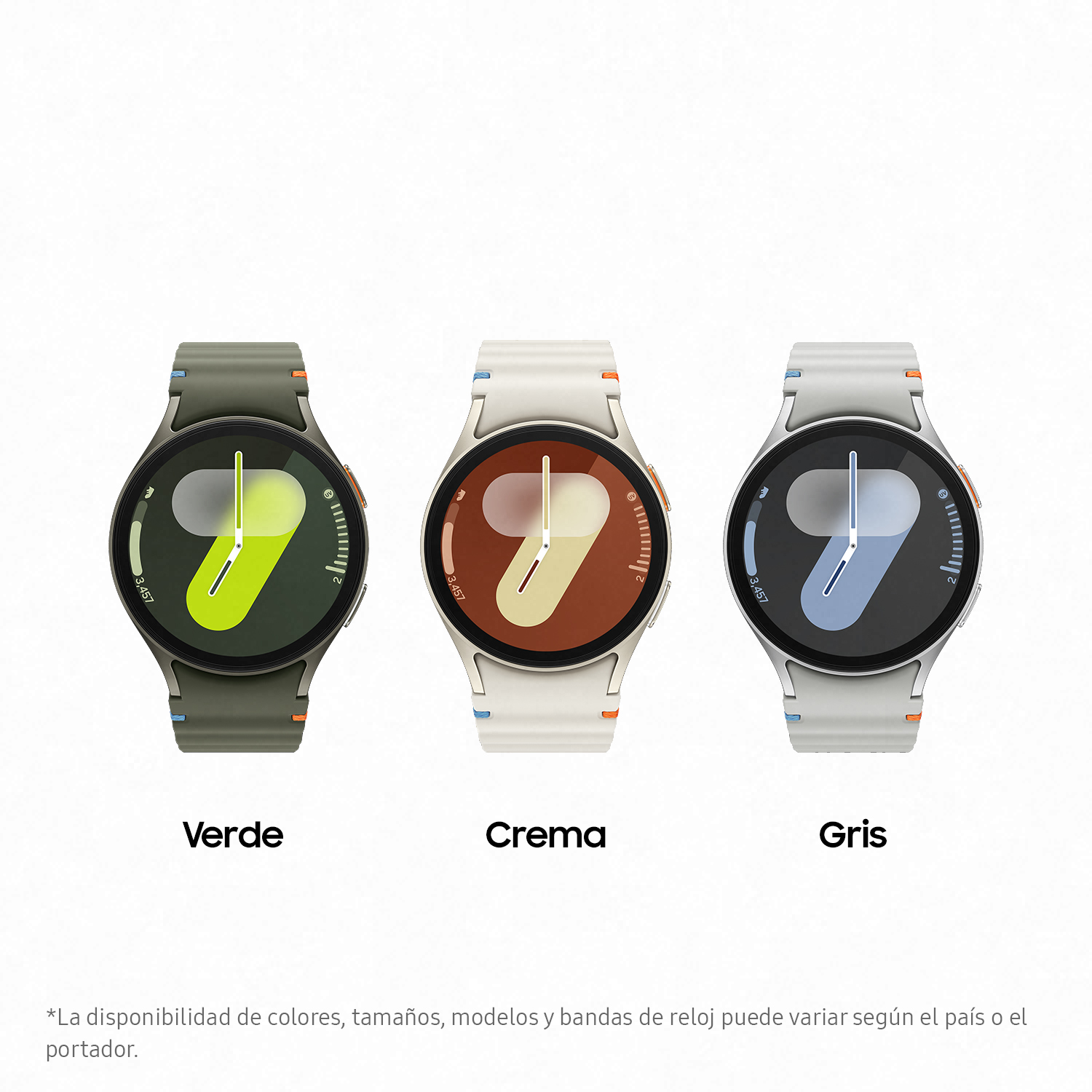 Tres relojes inteligentes en diferentes colores: verde, crema y gris, uno al lado del otro sobre un fondo blanco.