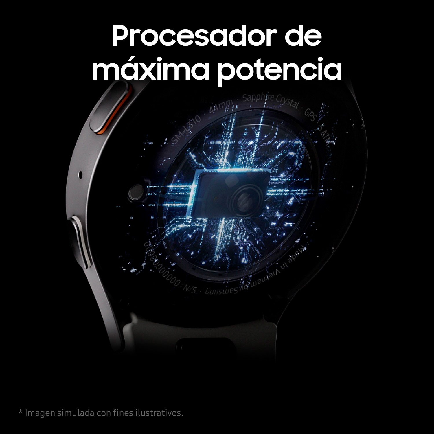 Primer plano de un reloj inteligente con bisel negro y diseño de procesador azul brillante en la pantalla.