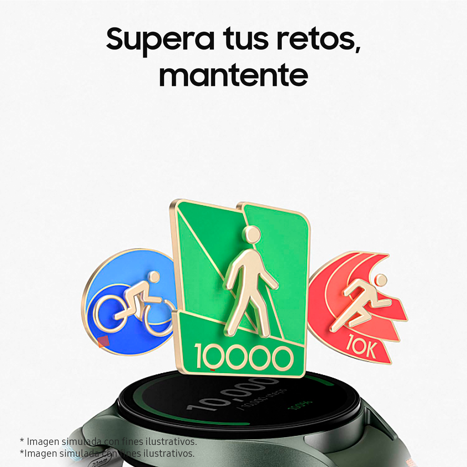 Smartwatch con banda verde, texto: Supera tus retos. Iconos: Ciclismo, caminar, correr.