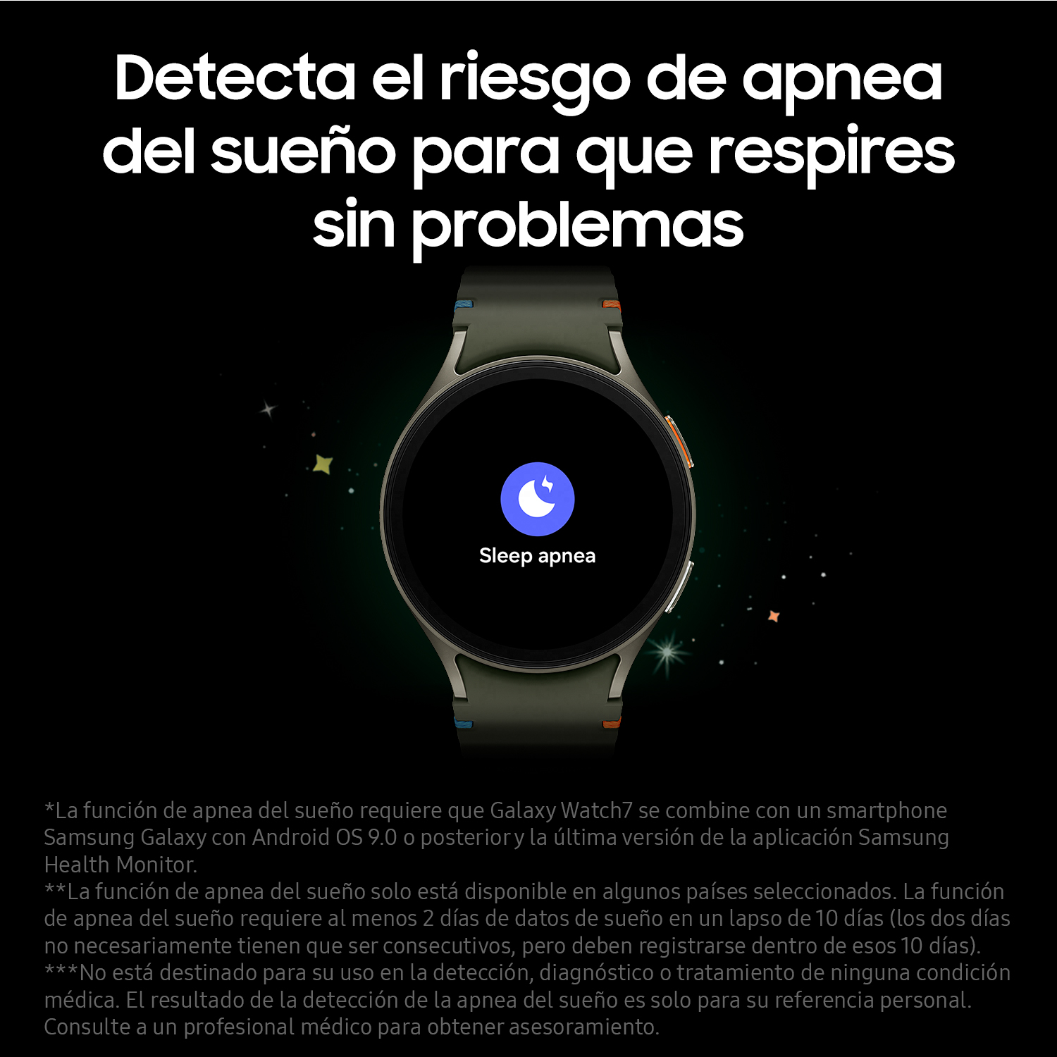Smartwatch con pantalla negra que muestra un icono de apnea del sueño. Texto en español. Fondo blanco.
