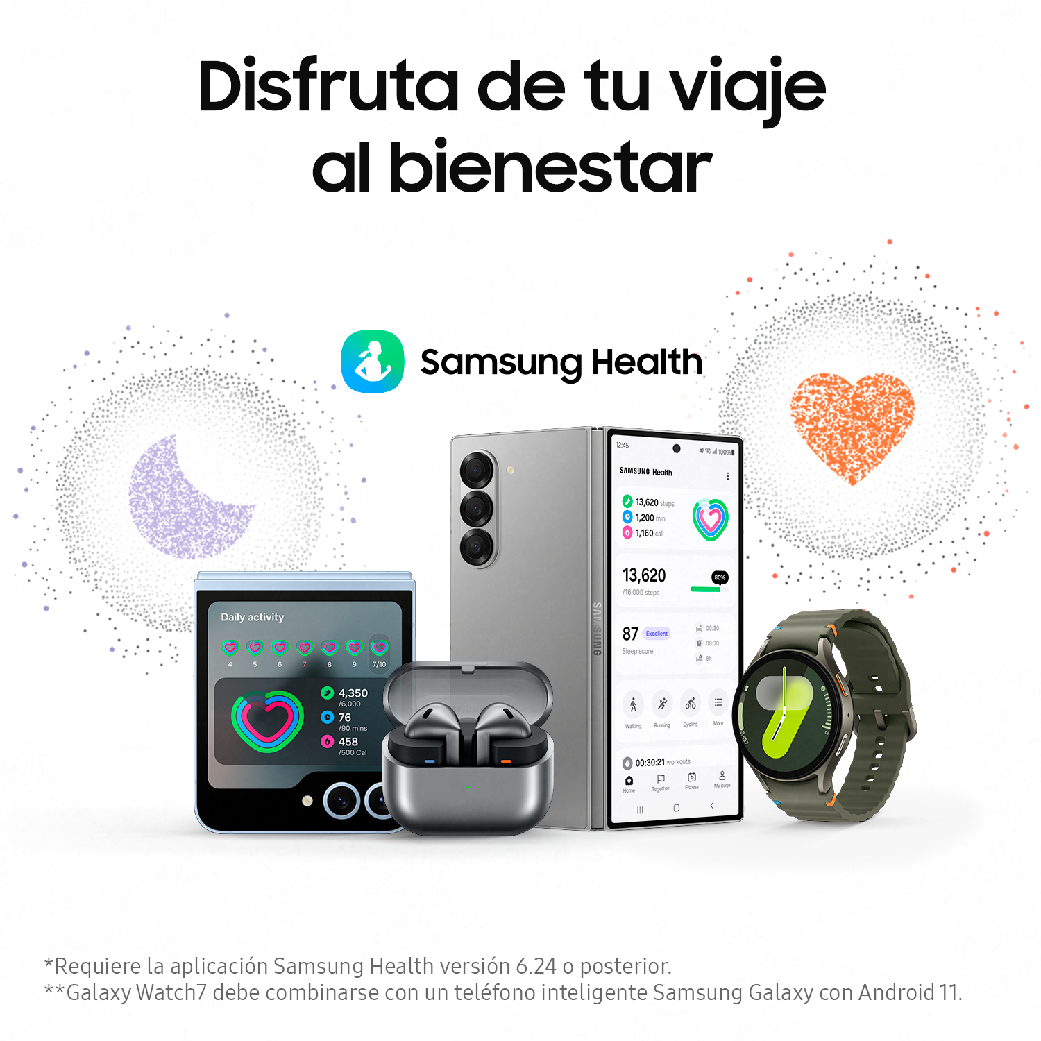 Un anuncio con teléfono, auriculares, reloj y accesorios, que promociona Samsung Health y bienestar.