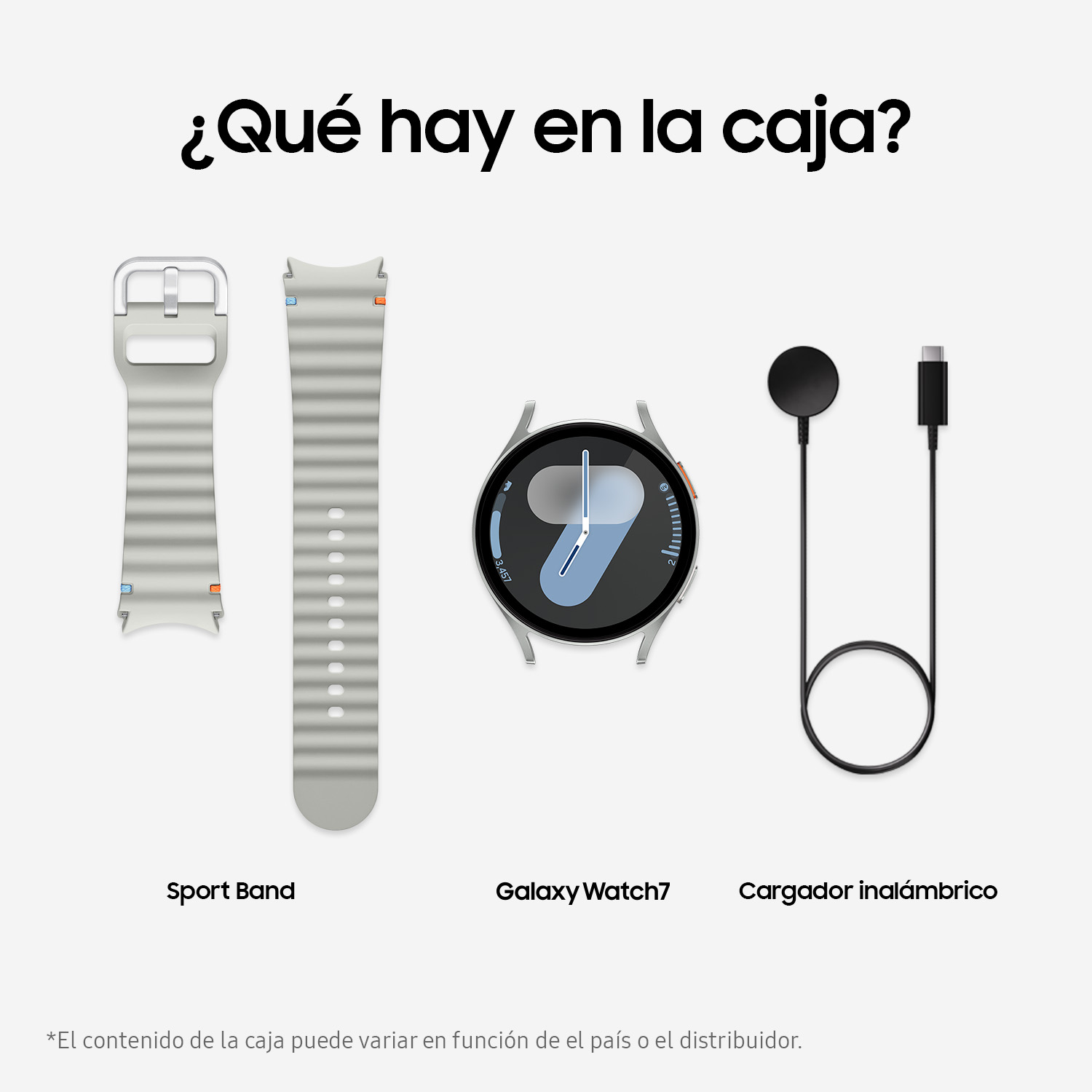 La imagen muestra un Galaxy Watch7, una banda deportiva y un cargador inalámbrico. El texto pregunta: “¿Qué hay en la caja?”
