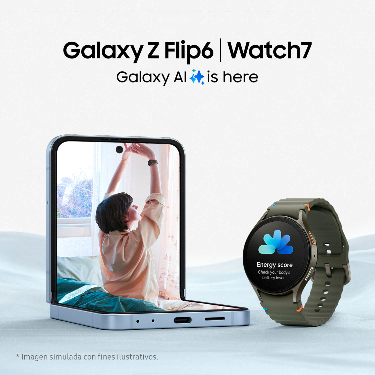 Teléfono plegable, reloj mostrando puntuación de energía, persona alcanzando el cielo, fondo blanco.
