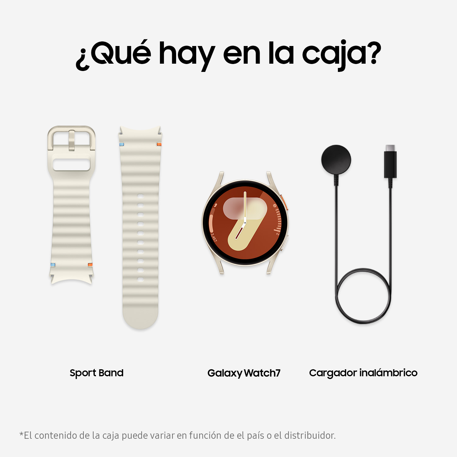Caja Samsung Galaxy Watch7 con correa, reloj y cargador inalámbrico.