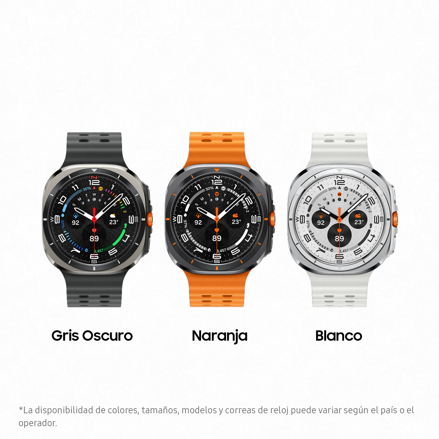 Tres smartwatches en gris, naranja y blanco con texto debajo.