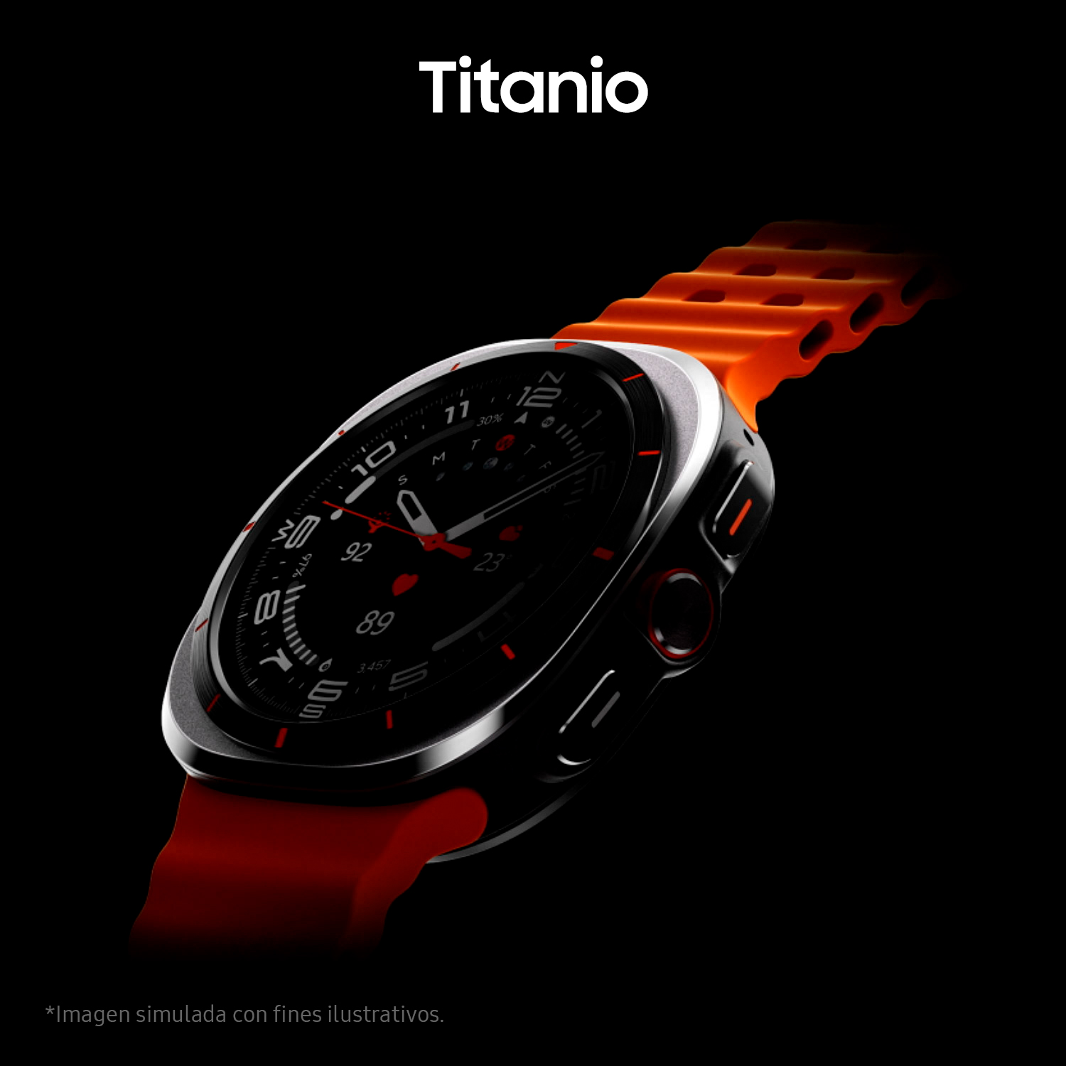 Un smartwatch con pantalla negra y correa roja, mostrando la hora y otros datos.