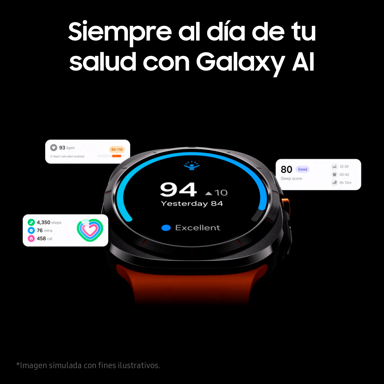 Un smartwatch que muestra métricas de salud, con texto en español.