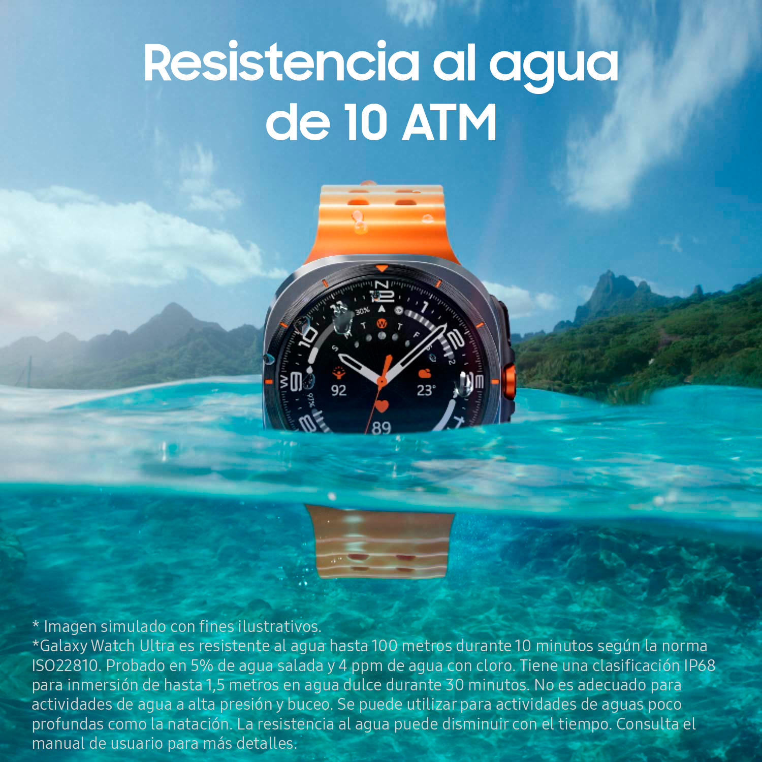 Smartwatch naranja en agua, con texto sobre resistencia al agua.