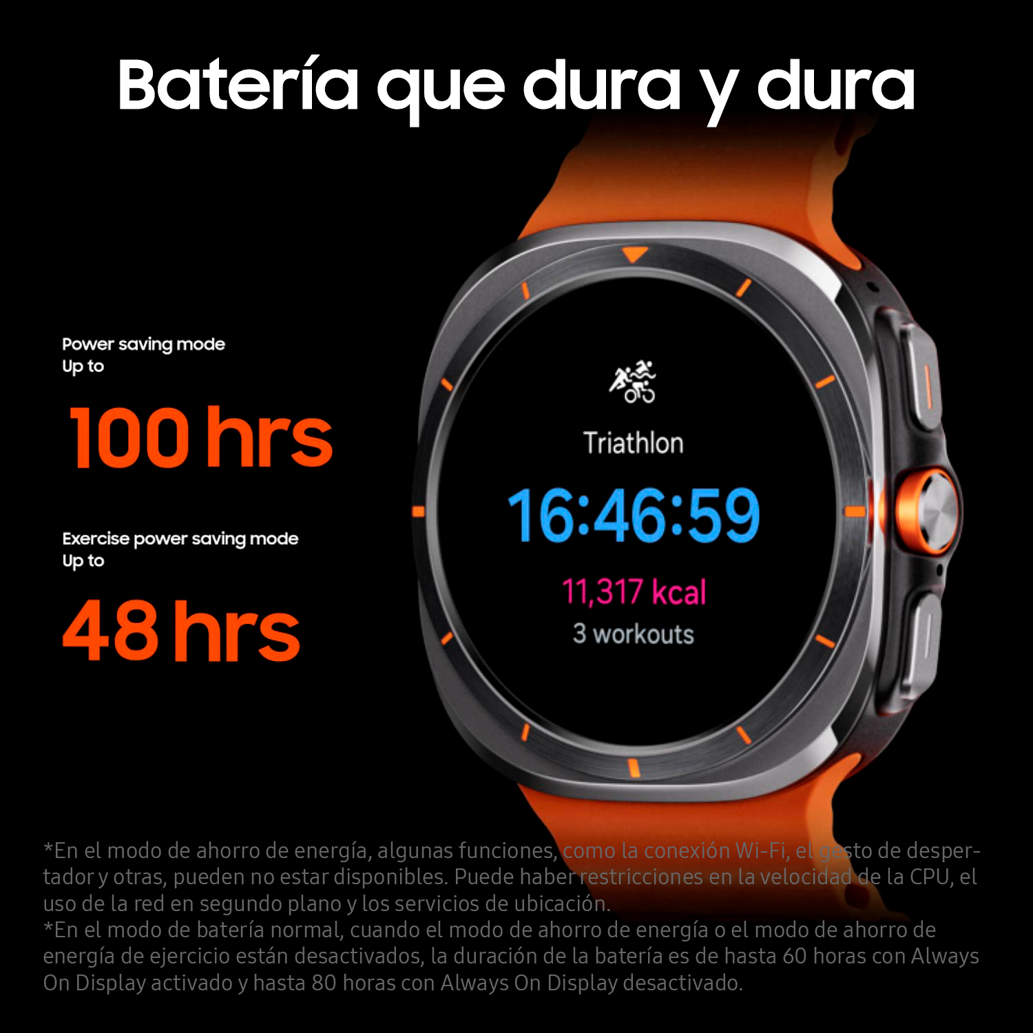 Pantalla de smartwatch mostrando estadísticas de triatlón, con texto en español.