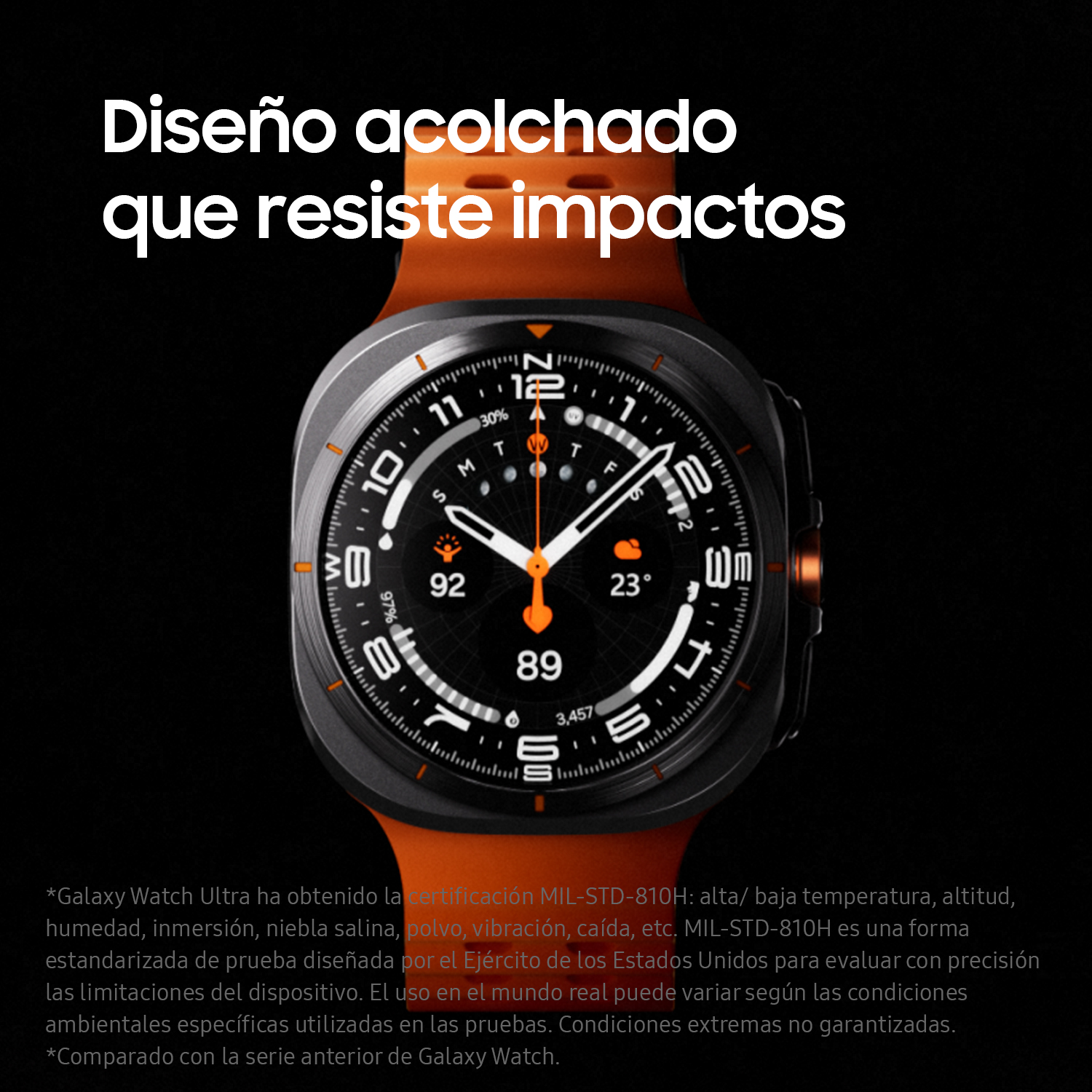 Smartwatch negra y naranja con esfera circular, mostrando hora y métricas, sobre fondo negro.