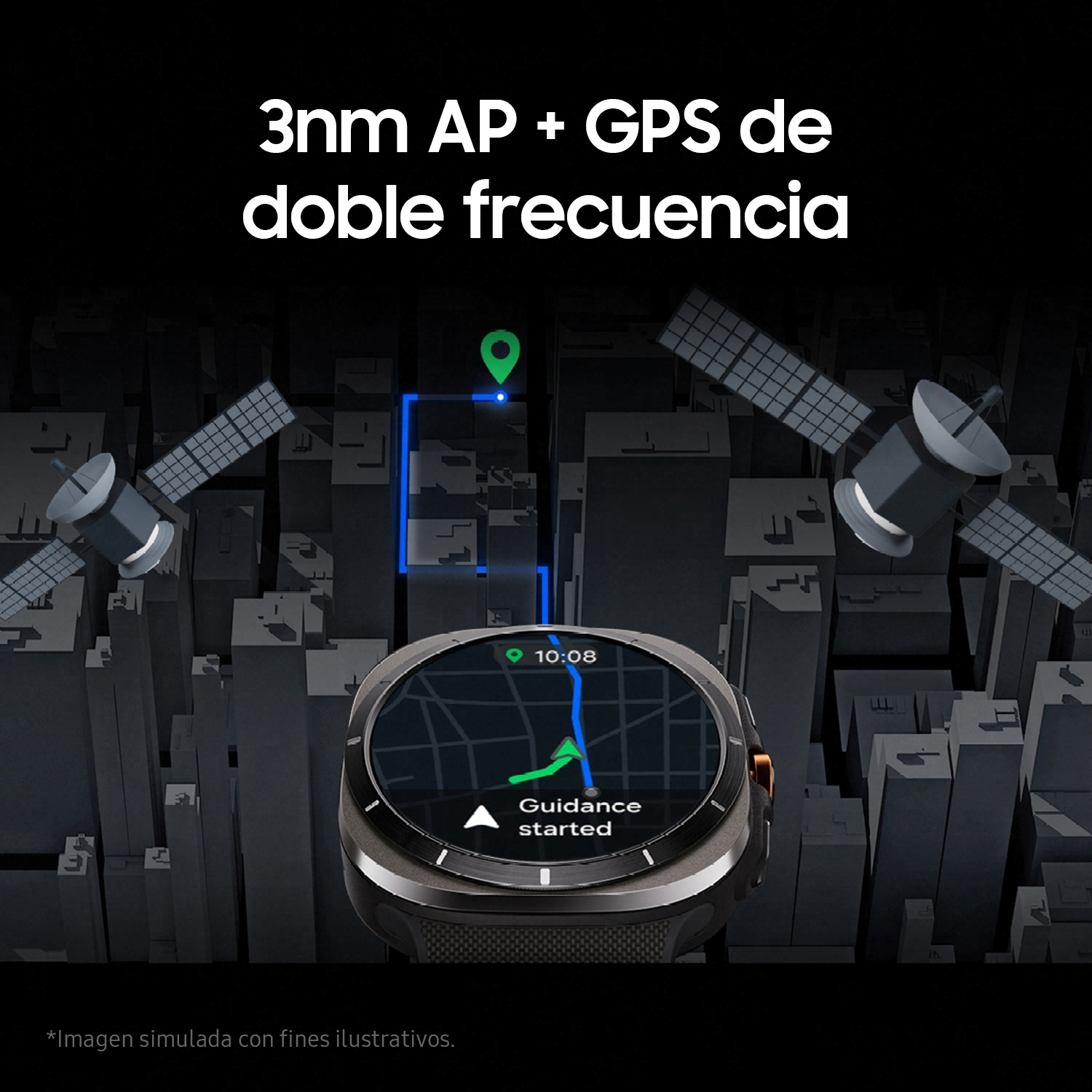 Pantalla de reloj inteligente mostrando un mapa con seguimiento GPS. Satélites y silueta de ciudad. Fondo oscuro.