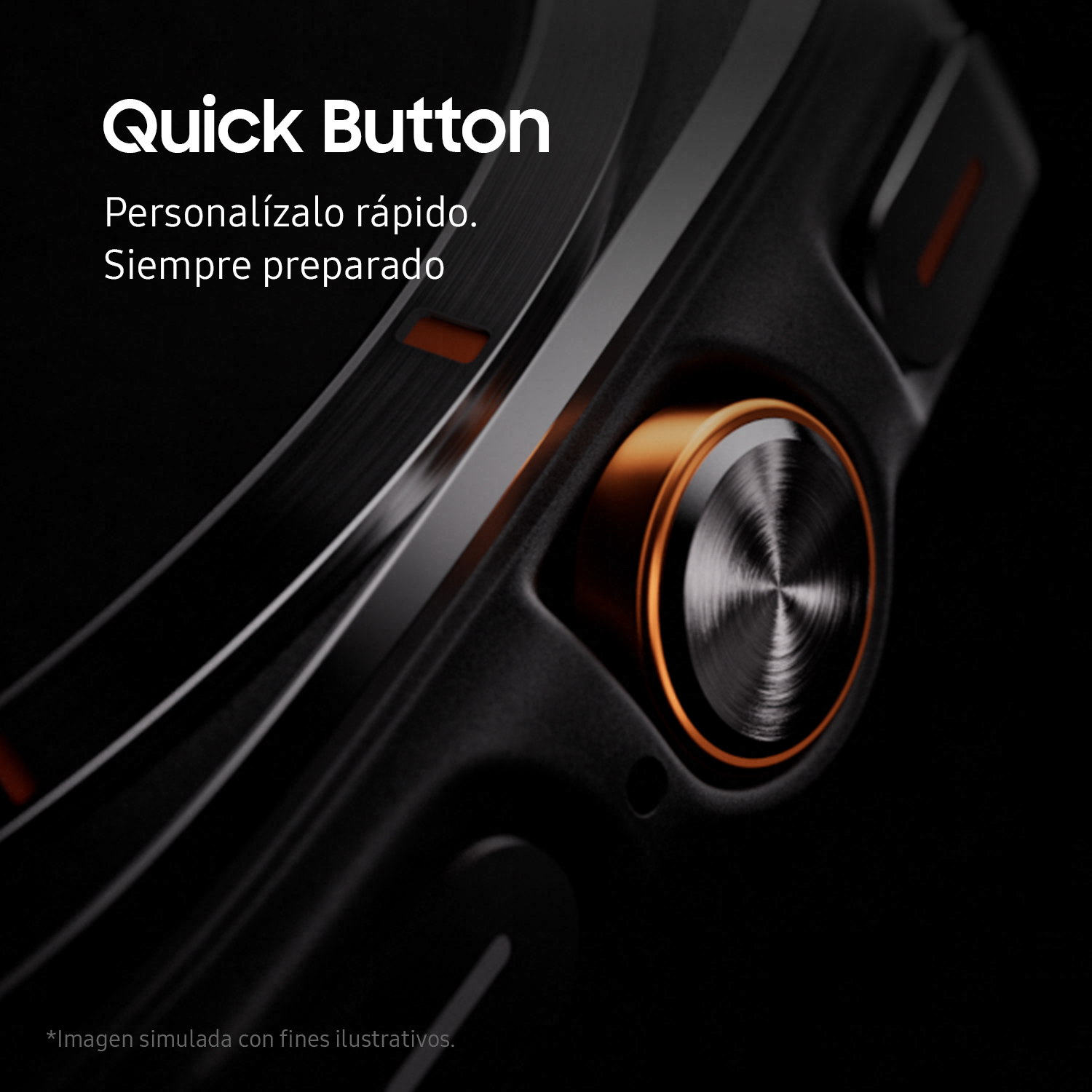 Primer plano del botón rápido de un reloj. El botón es naranja y está en negro.