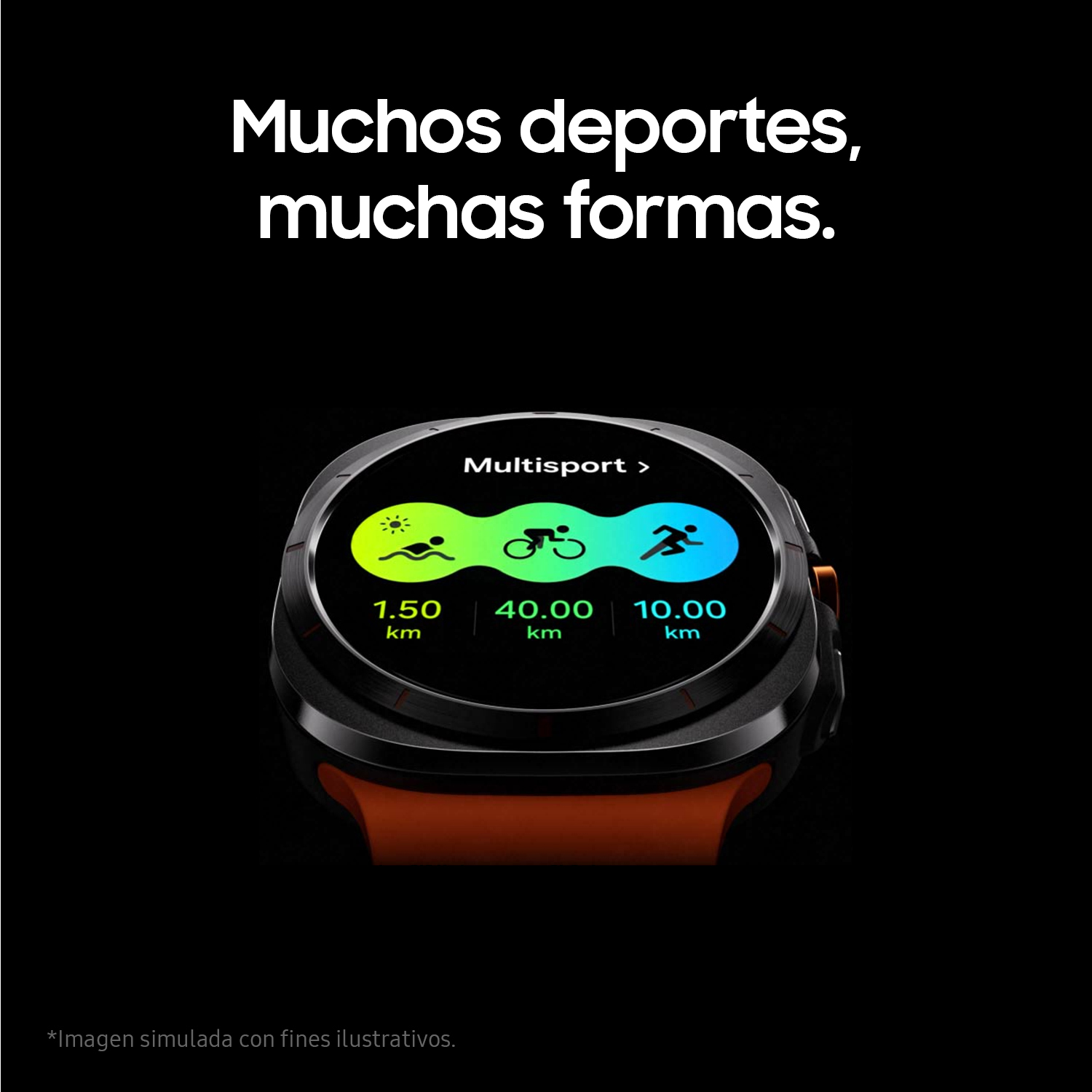 Un reloj inteligente negro con iconos deportivos sobre fondo negro.