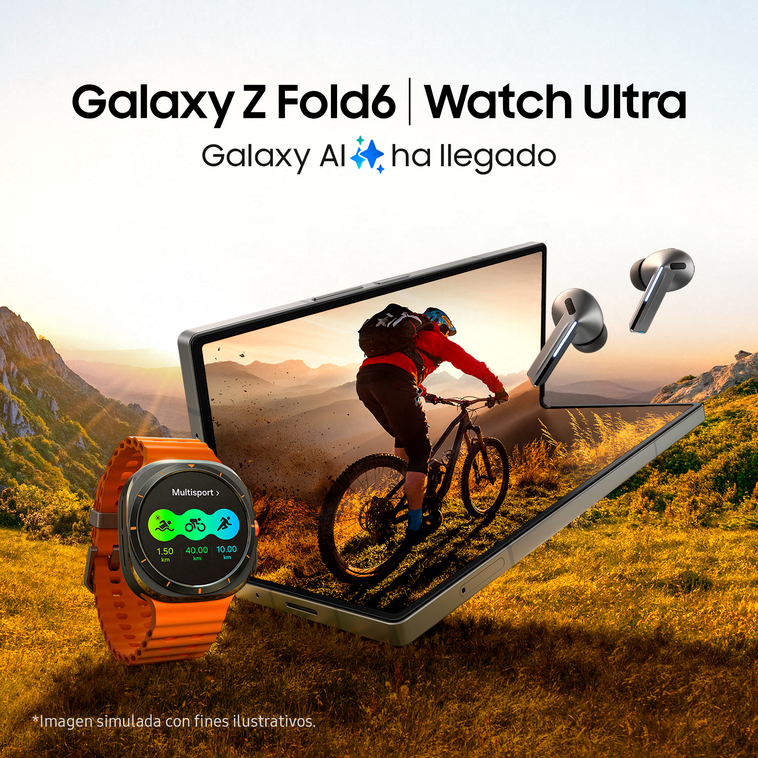 Un teléfono plegable, un reloj y auriculares. El fondo es una montaña.