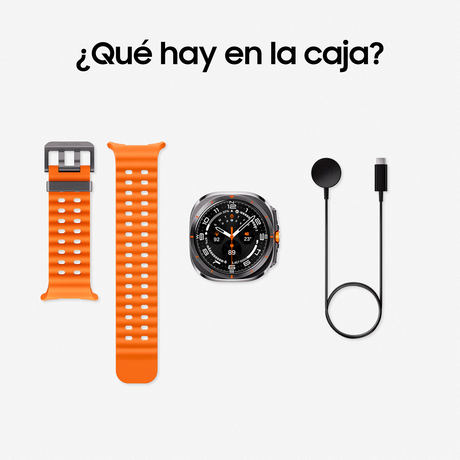 Artículos de una caja de reloj: reloj, correa naranja, correa extra, plataforma de carga y cable USB-C.