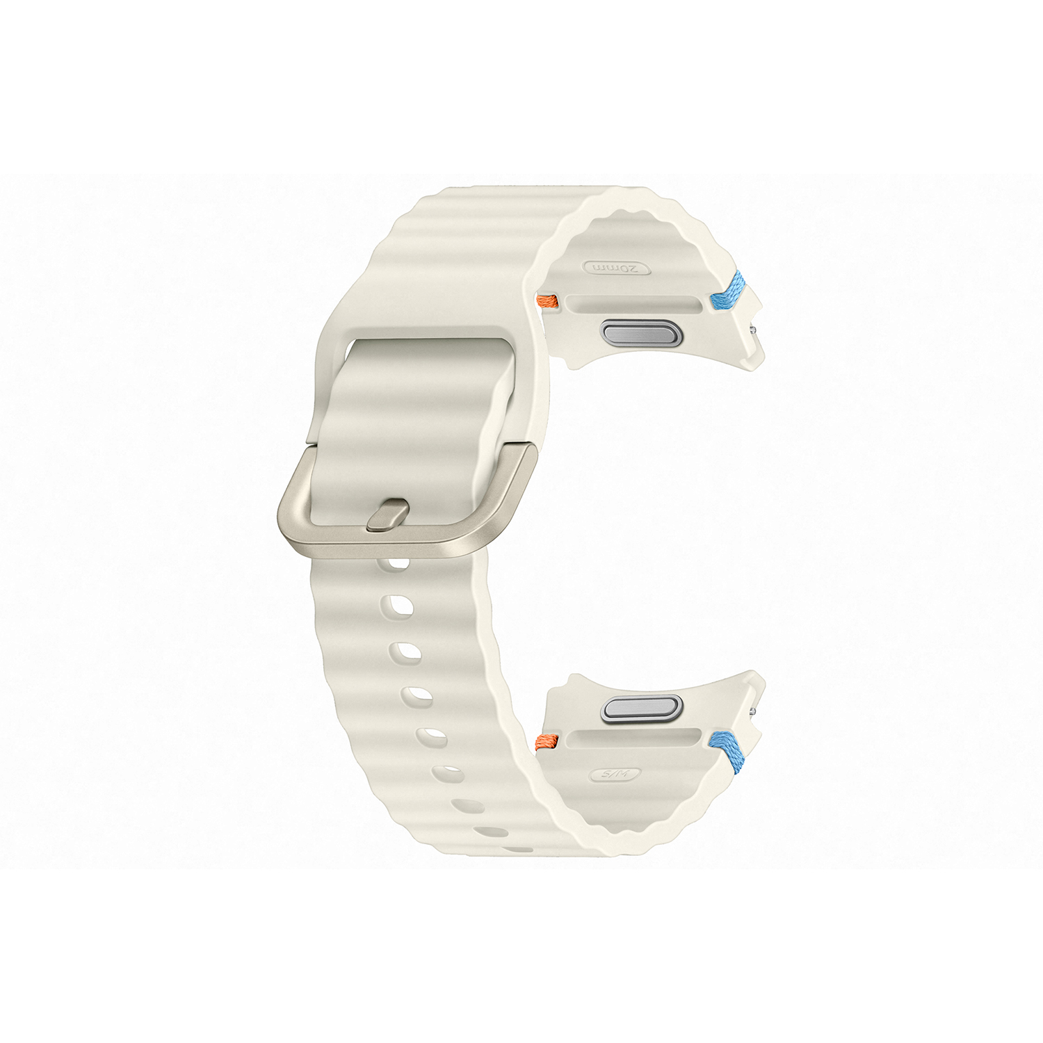 Correa de reloj blanca con hebilla metálica, fondo blanco.