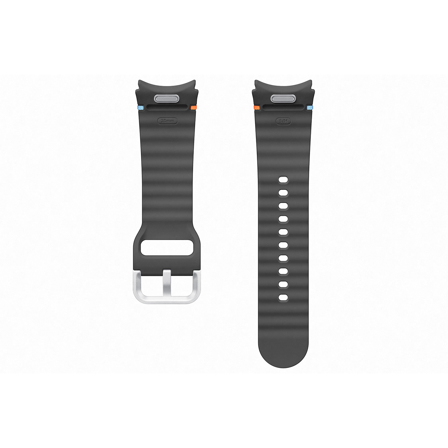 Dos correas de reloj negras. Una tiene hebilla, la otra agujeros. Ambas tienen detalles naranja y azul.