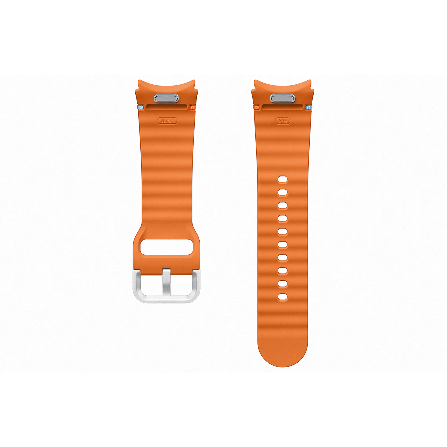 Dos correas de reloj naranjas con hebilla plateada, dispuestas horizontalmente.