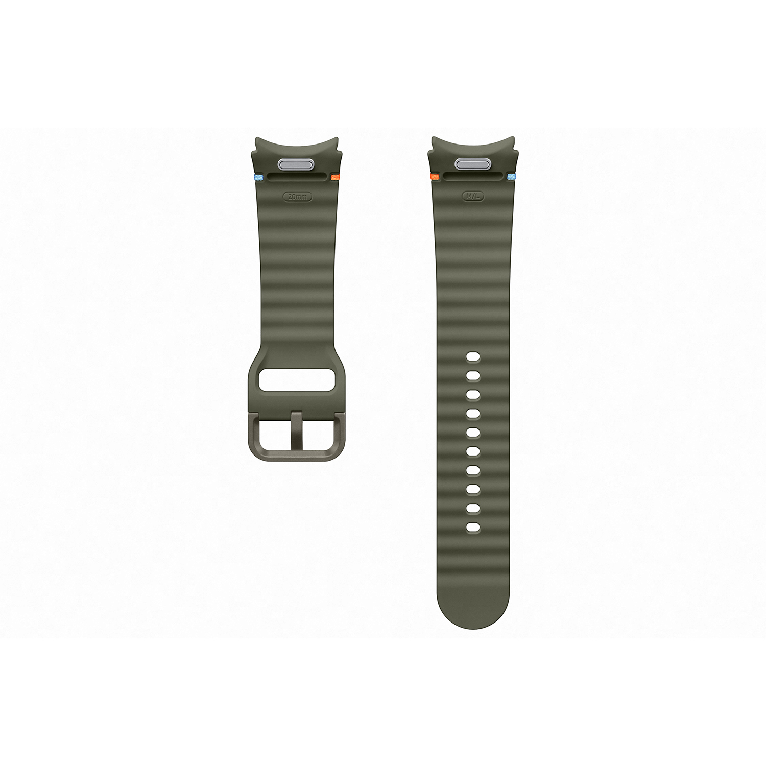 Dos correas de reloj verde oliva, una con hebilla, mostradas sobre una superficie blanca.