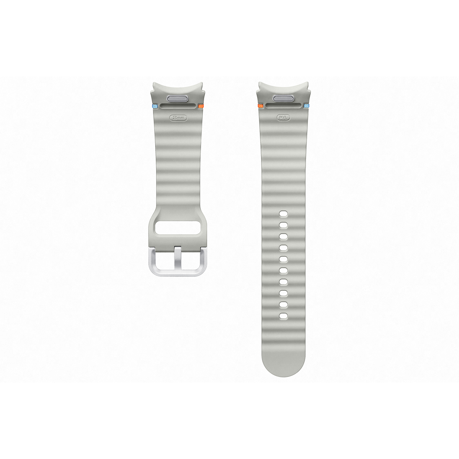 Se muestran dos correas de reloj grises una al lado de la otra. Tienen una superficie texturizada.
