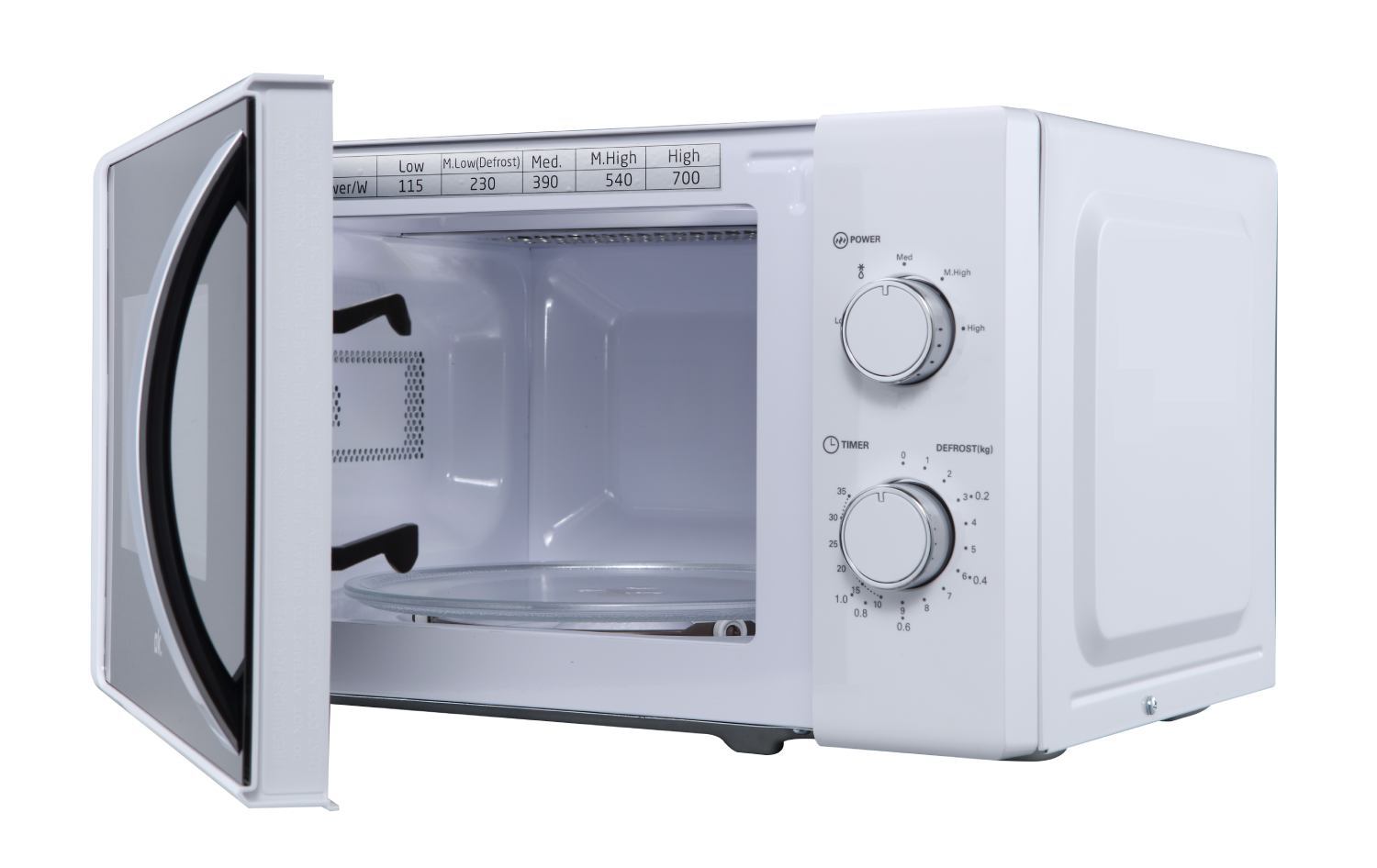 Horno microondas blanco, abierto, con un plato de vidrio en el interior. Panel de control a la derecha.