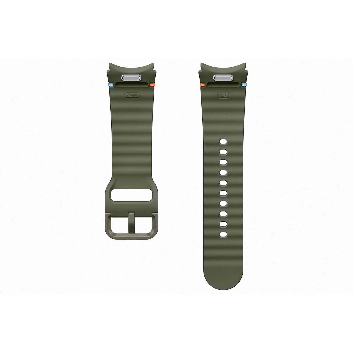 Dos correas de reloj verde oliva con hebillas. Una está abierta.