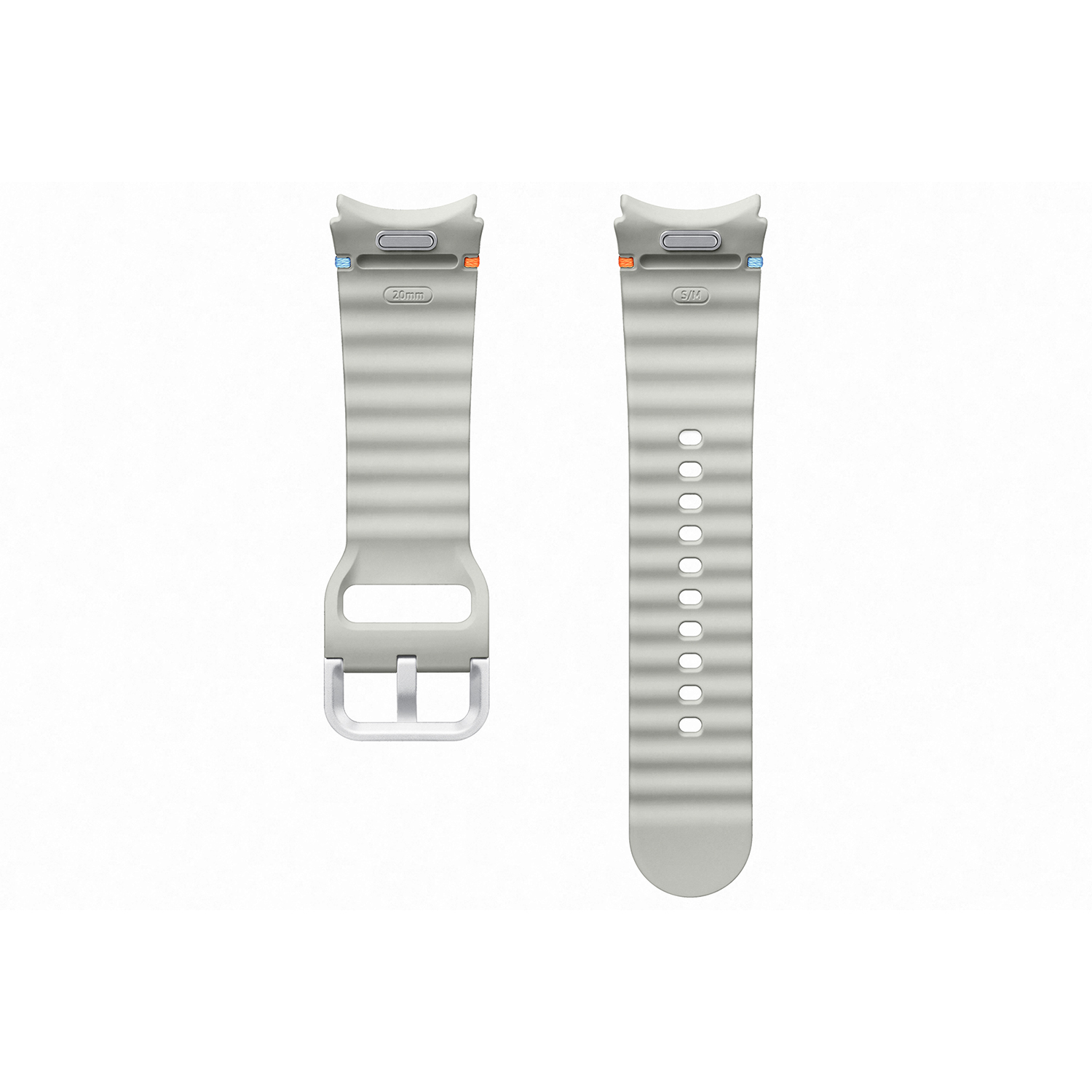 Dos correas de reloj gris claro con hebilla y agujeros, colocadas sobre un fondo blanco.