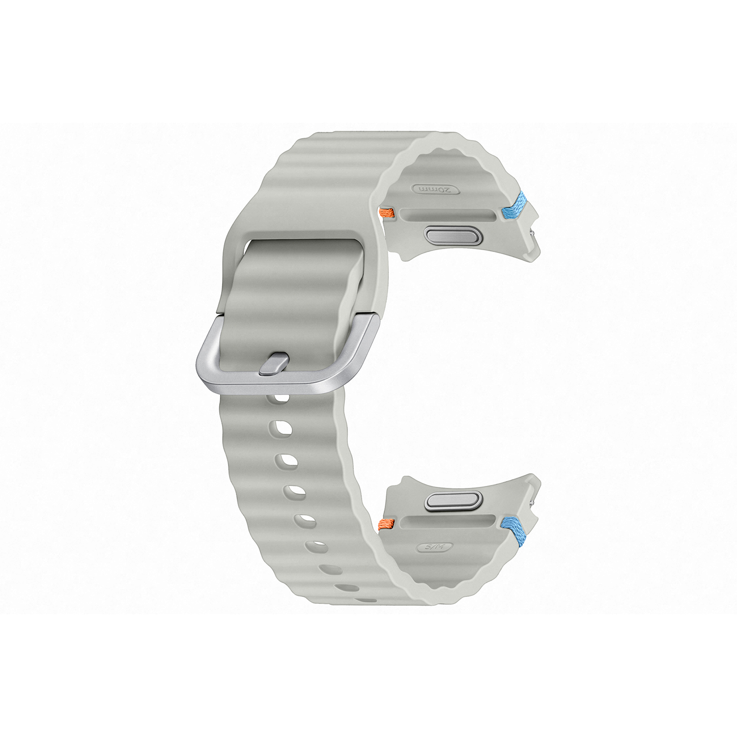 Correa de reloj gris claro con hebilla. Textura ondulada y agujeros, fondo blanco.