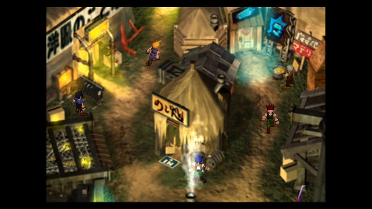 Vista desde arriba de una escena de videojuego retro, con edificios y personajes en un pueblo.