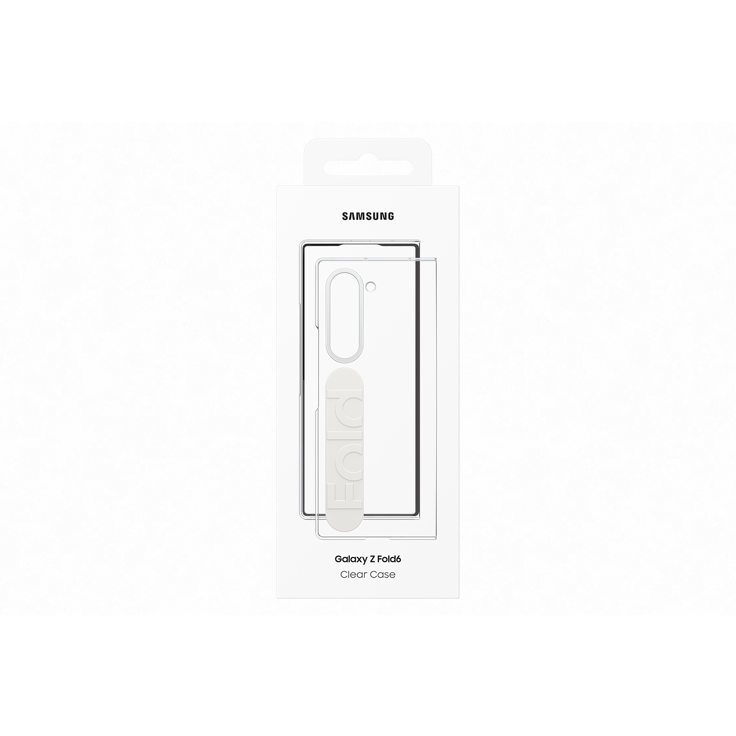 Embalaje de funda transparente Samsung Galaxy Z Fold6. Fondo blanco, funda dentro.