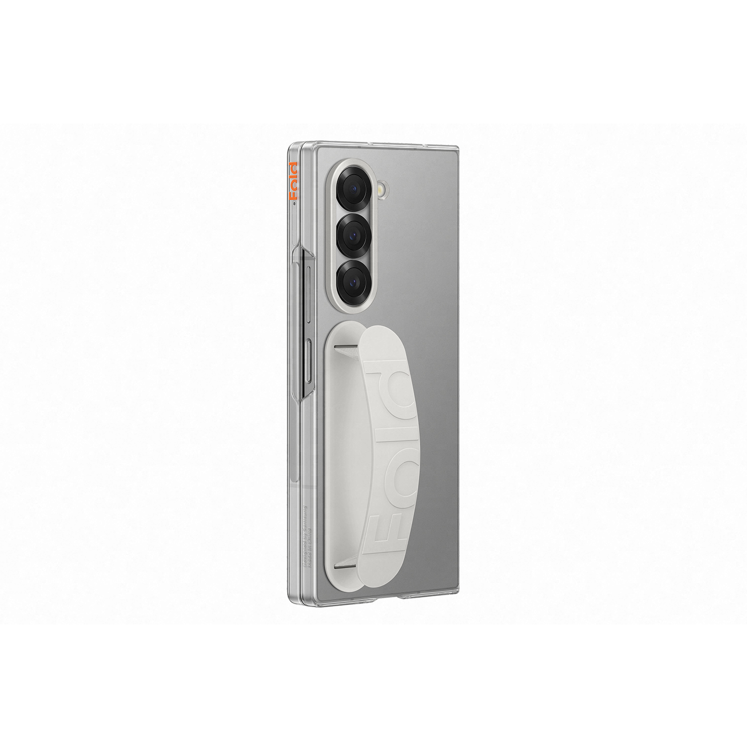 Funda transparente con correa de mano blanca en un teléfono plegable gris.