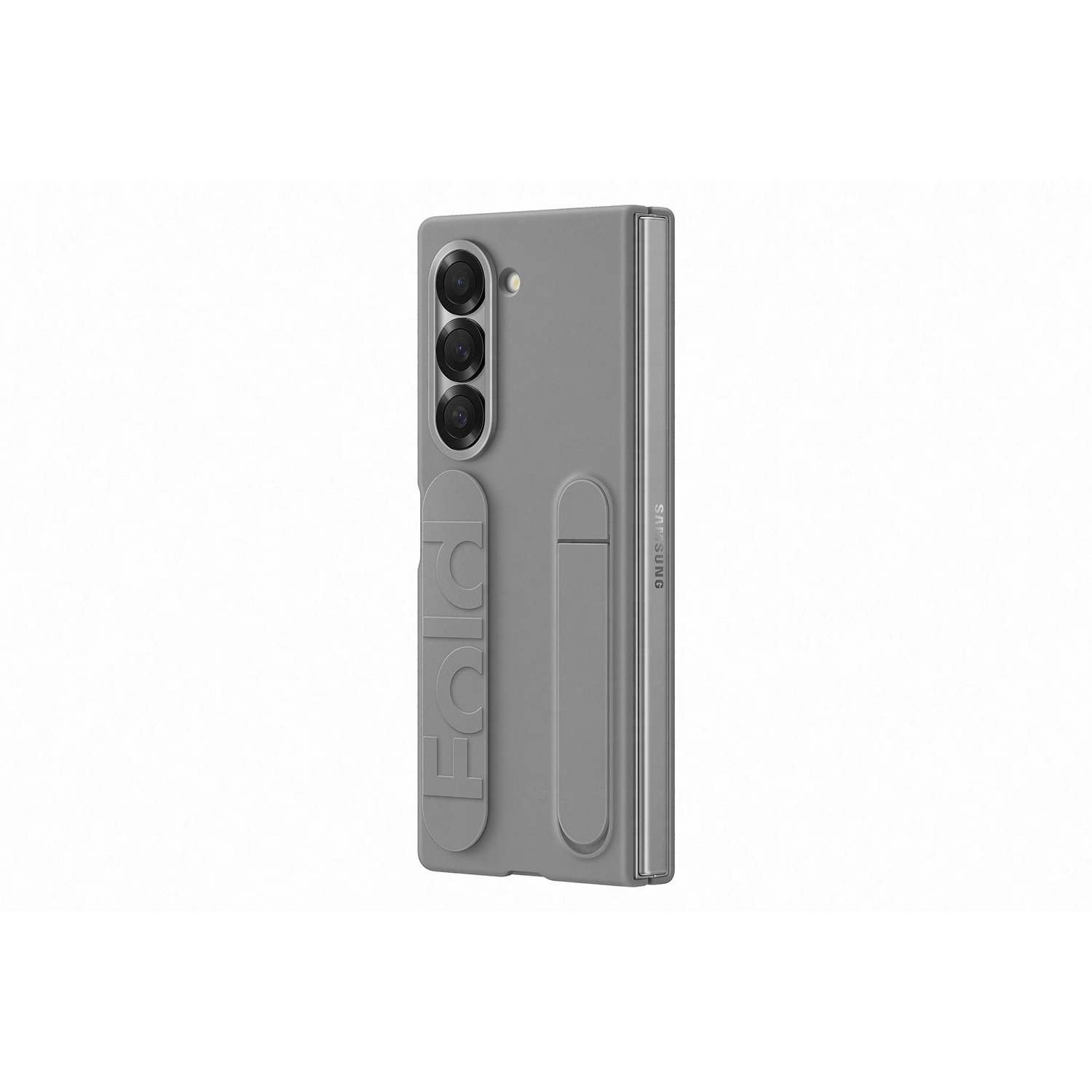 Funda de teléfono gris con 'Fold' escrito, adjunta a un teléfono plegado.