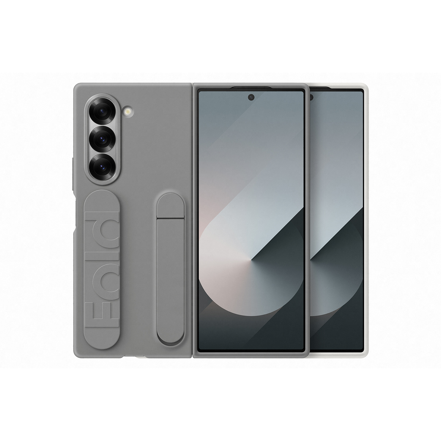 Funda gris para Samsung Z Fold con tres cámaras traseras y un portalápices.