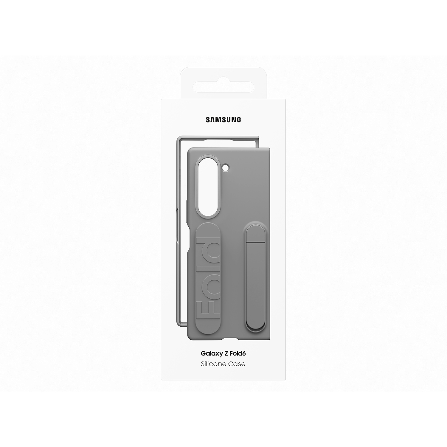 Funda de silicona gris Galaxy Z Fold6 en una caja.