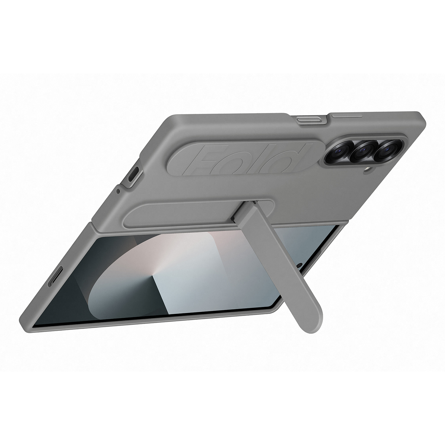 Una funda gris para teléfono con soporte, parcialmente abierta. La pantalla del teléfono es visible. Fondo blanco.