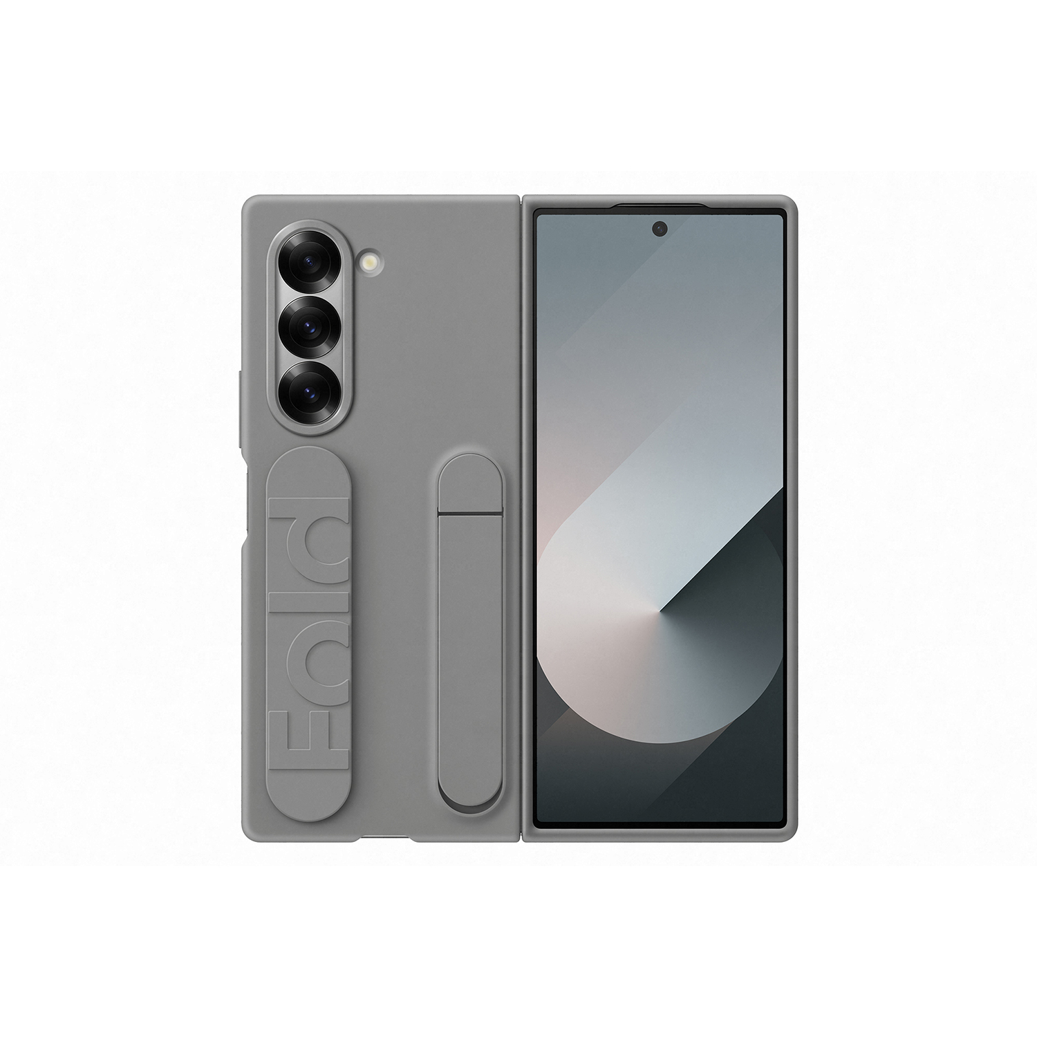 Teléfono gris con funda parcialmente abierta, con cámara.
