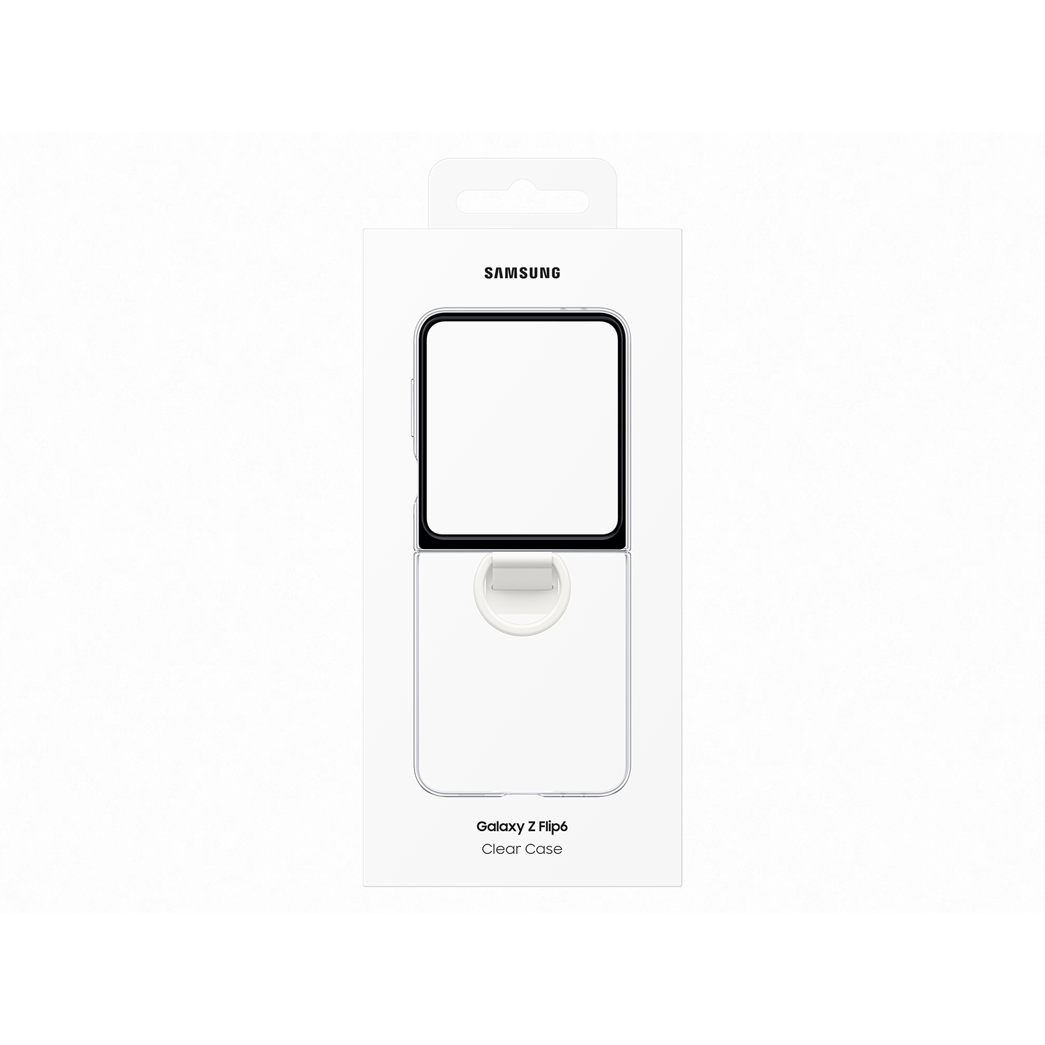 Una caja blanca con una funda transparente para un Samsung Galaxy Z Flip6. El logotipo de Samsung está en la parte superior.