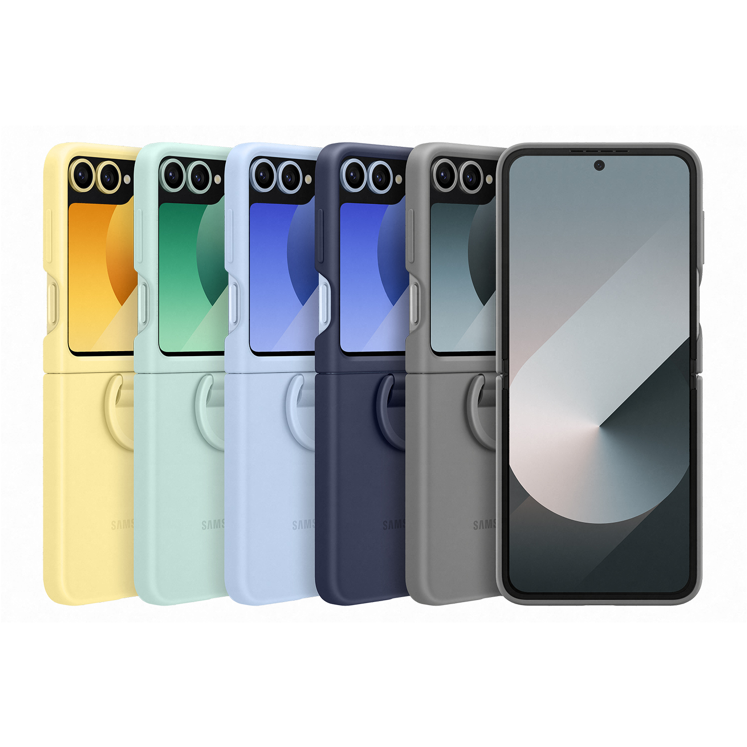 Cinco teléfonos plegables Samsung de colores en fila. Cada uno está abierto, diferentes colores de la carcasa exterior.