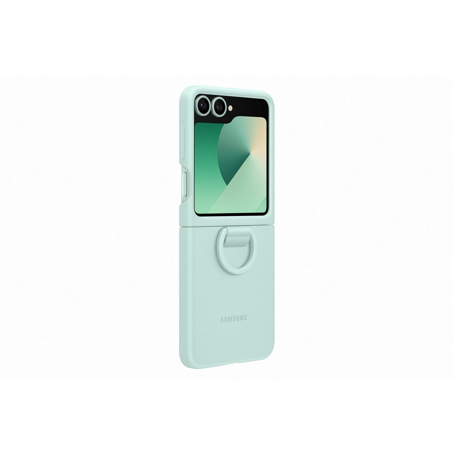 Funda verde menta con dos cámaras y una pantalla con imagen verde.