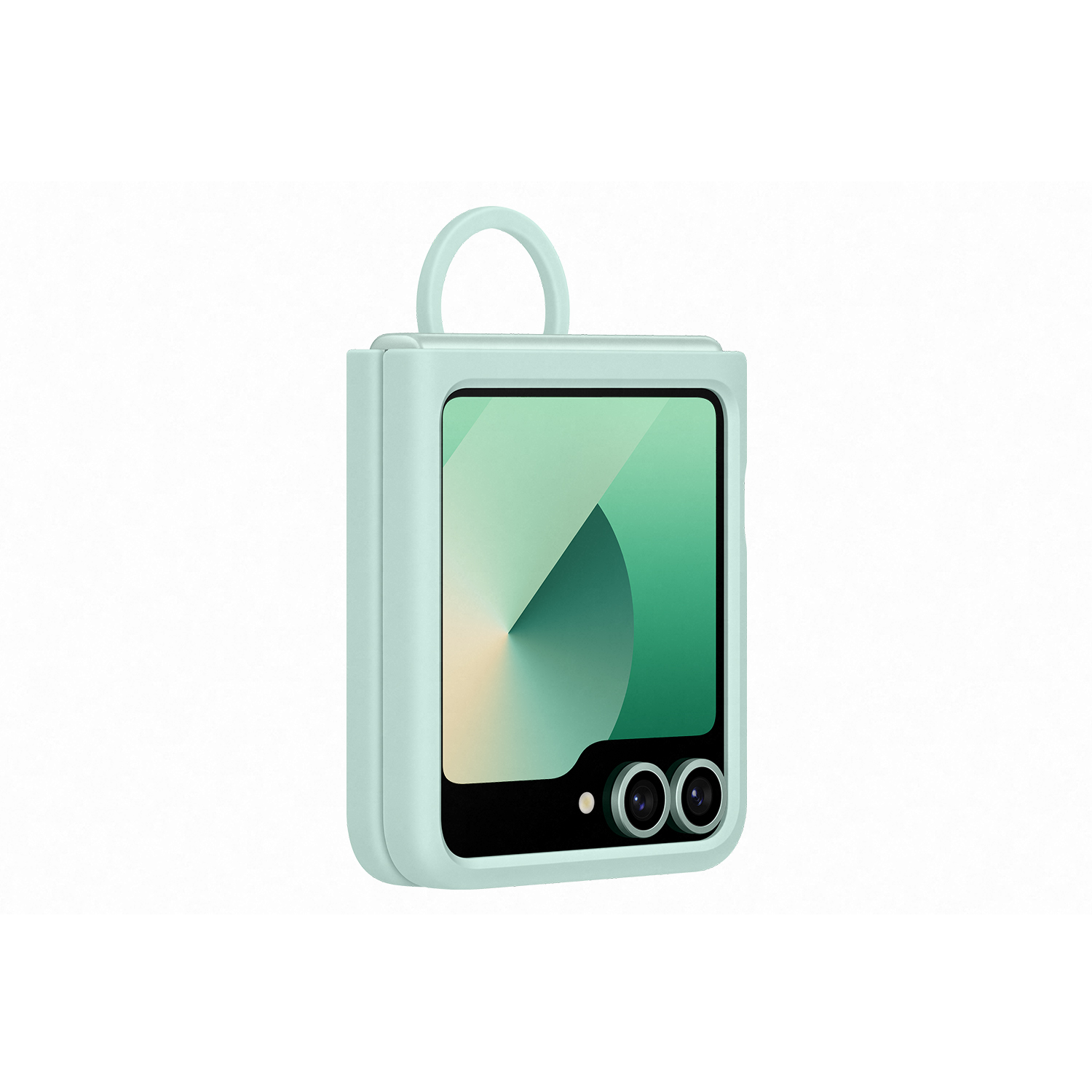 Funda de teléfono verde claro con pantalla y dos cámaras.