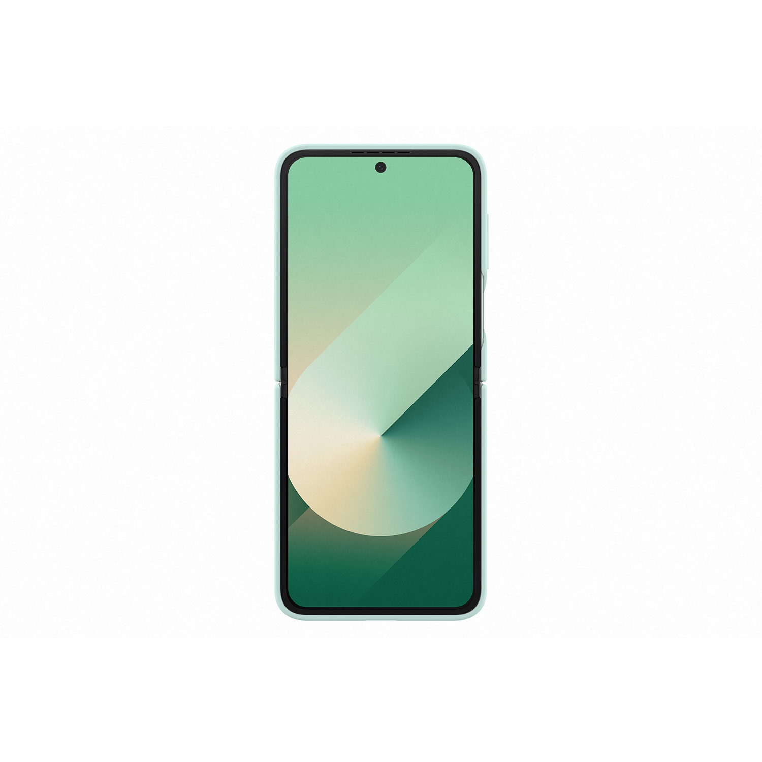 Un teléfono plegable azul claro con la pantalla abierta, mostrando un fondo verde pastel y beige.