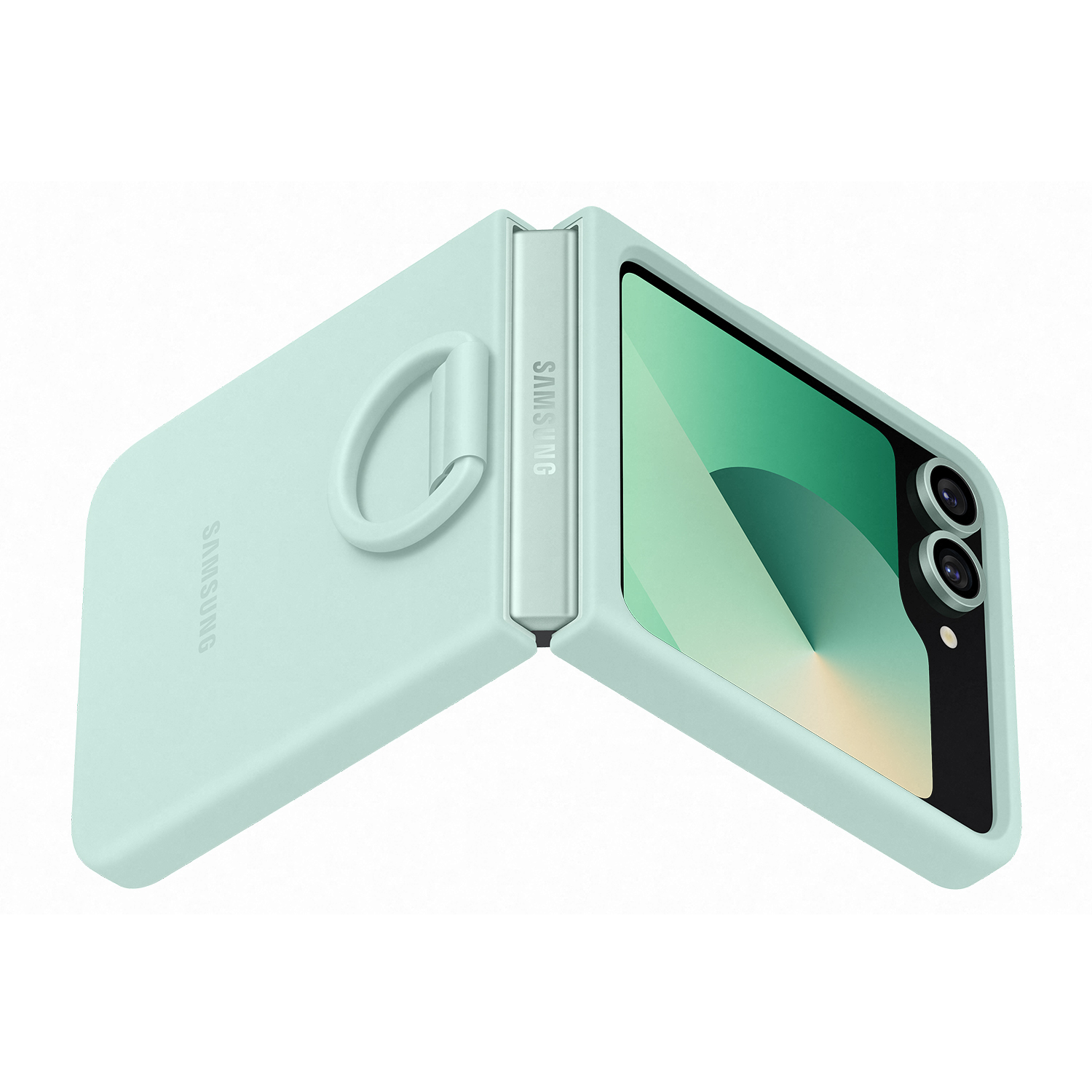 Funda de teléfono verde claro plegada con un lazo, abierta para mostrar la pantalla. Texto: SAMSUNG.