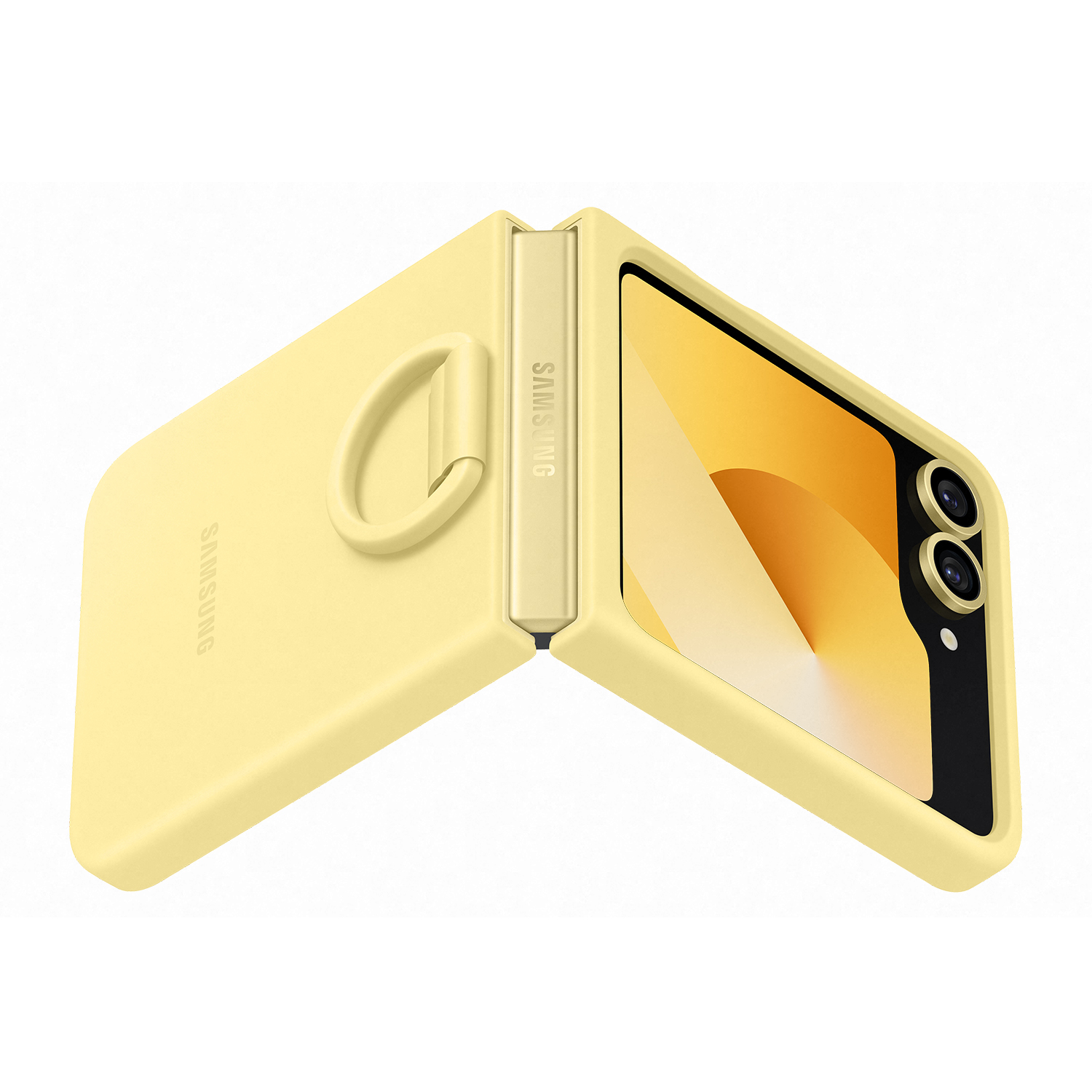 Una funda de teléfono amarilla con un soporte de anillo adjunto a un teléfono plegado.