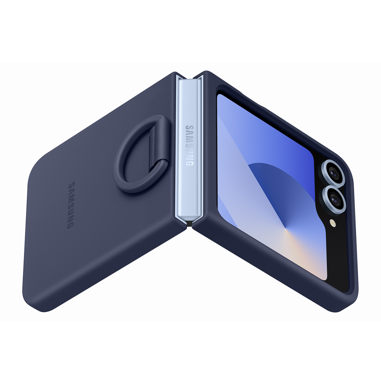 Teléfono plegable Samsung azul marino, parcialmente abierto, revelando la pantalla y la bisagra plateada con el logo Samsung.